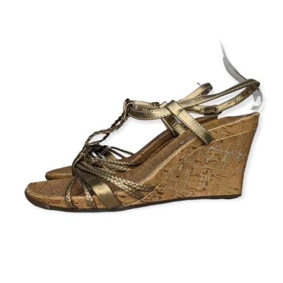 George Shoes - George Open Toe Strappy Wedge Sandals Cork Gold Bronze Womens US Shoe Size 9